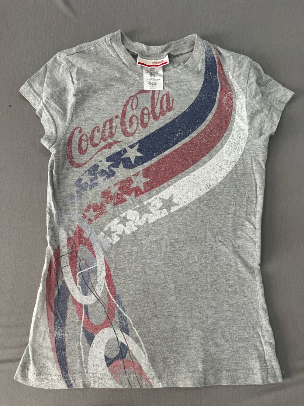 Woman Coca Cola Gray Tee with Red, Blue & White Graphic